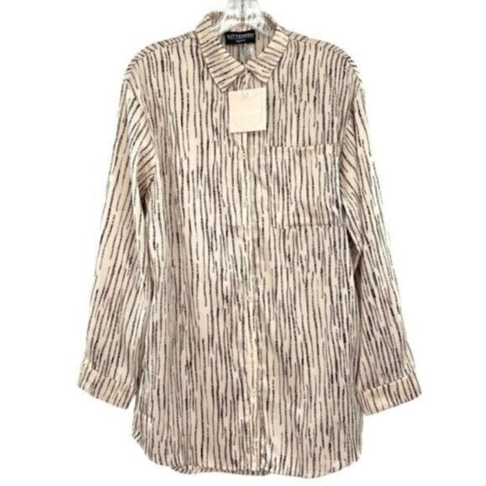 Kittenish Cream Oversized Button Down Satin Tunic Blouse New